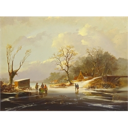  Dutch Scene with Figures Skating, 20th century oval oil on panel unsigned 23cm x 33cm in ornate gilt frame   
