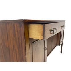 19th century inlaid mahogany sideboard, fitted with two drawers and two cupboards, centre tambour roller doors
