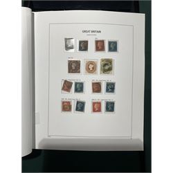 Extensive single album collection of Great British Queen Victoria and later stamps, including QV penny black with three margins, 1840 two pence blue, perf two pence blues with white lines added, QV one pound brown lilac, QV one pound green, King George V seahorses, 1929 Postal Union Congress one pound black, King George VI 1939-48 set of six with ten shillings dark blue, Queen Elizabeth II pre-decimal issues, housed in a Stanley Gibbons Great Britain 2001 album, a well presented collection with few ommissions