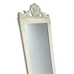 Cream finish dressing mirror, s-scroll and leaf pediment, moulded frame with cartouche and foliate berry corners