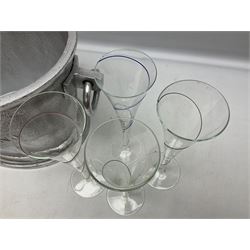 Aluminium champagne bucket detailed Cuvee de Prestige Champagne du Louvois, with twin ring handles, together with quantity of glasses, bucket L38cm