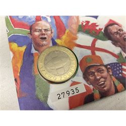 Seven The Royal Mint Royal Mail two pound coin covers, including 1999 'Rugby World Cup', 2003 'DNA Discoveries', 2004 'Classic Locomotives', 2007 '300th Anniversary of the Act of Union' etc