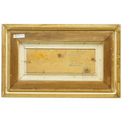 Kai Breder Fjell (Norwegian 1907-1989): The Garden of Whimsy - Three Graces and the Cockeral, gouache on pine panel unsigned, authenticated signed and stamped by the artist's son Jon Havard Fjell verso 12cm x 33cm