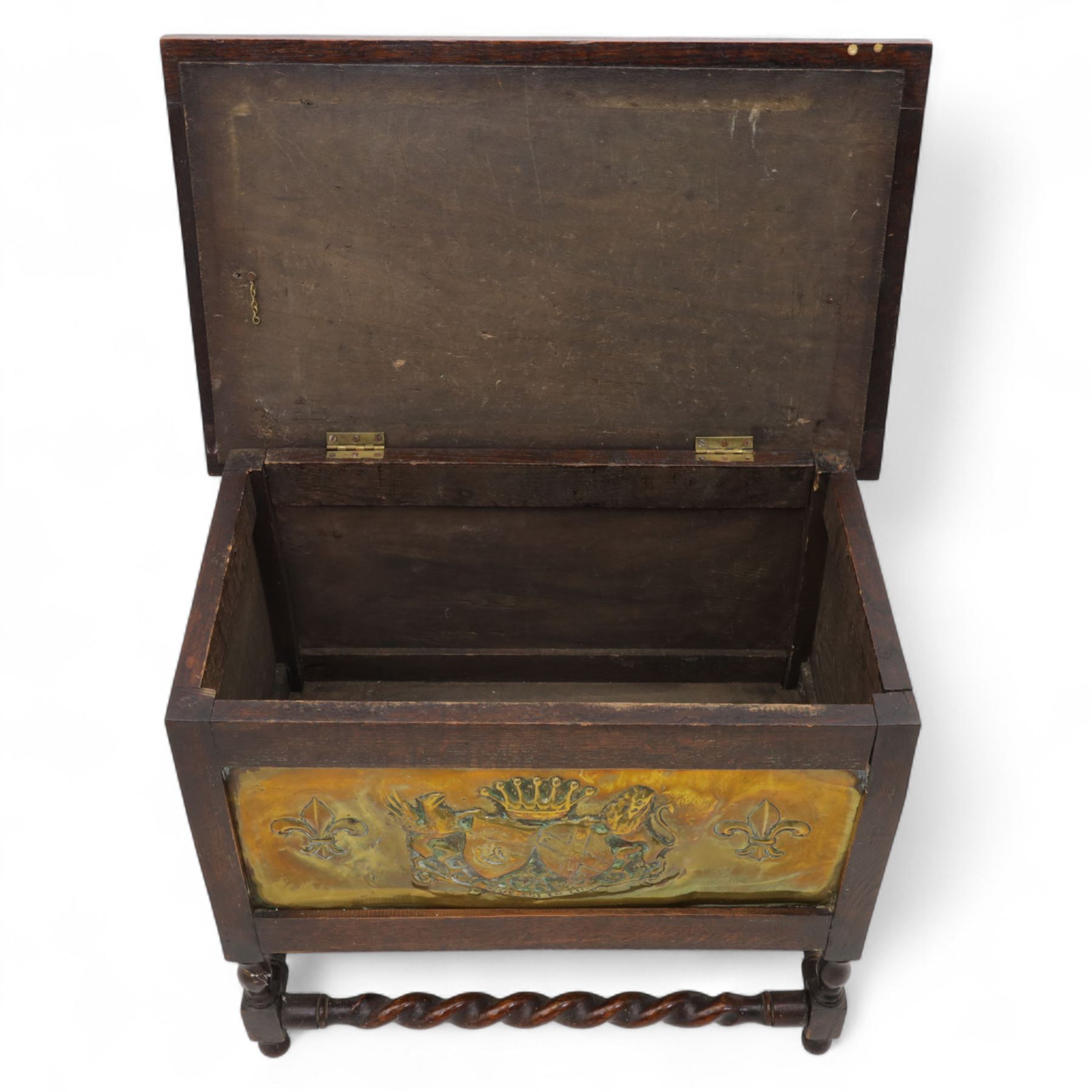 Early 20th-century carved hall chair with a floral needlework panel seat and an early 20th-century brass embossed log box, 102x45cm and 61x38x51cm (2)