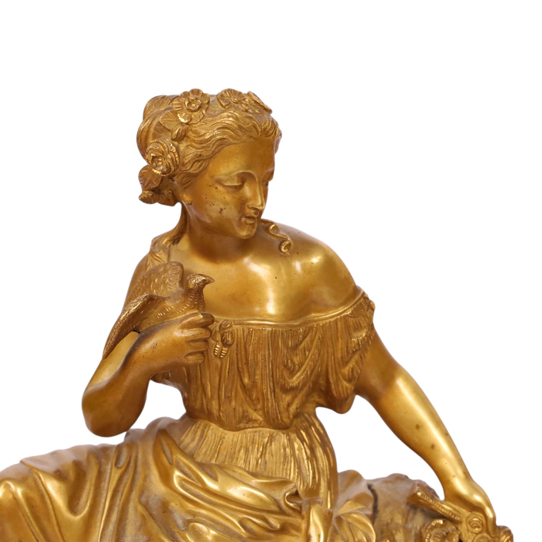 19th century French ormolu mantel clock, retailed by J & W Marshall, Paris, surmounted with a figure of in neo classical dress, with enamelled Roman dial marked James & Walter Marshall, H39cm 