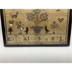Victorian sampler by Kate Atkinson, dated 1872, depicting flowering urn, birds, trees, and other motifs, beneath an alphabet band, framed and glazed, overall H22.5cm W24.5cm, together with two 19th century drinking glasses, in one box 