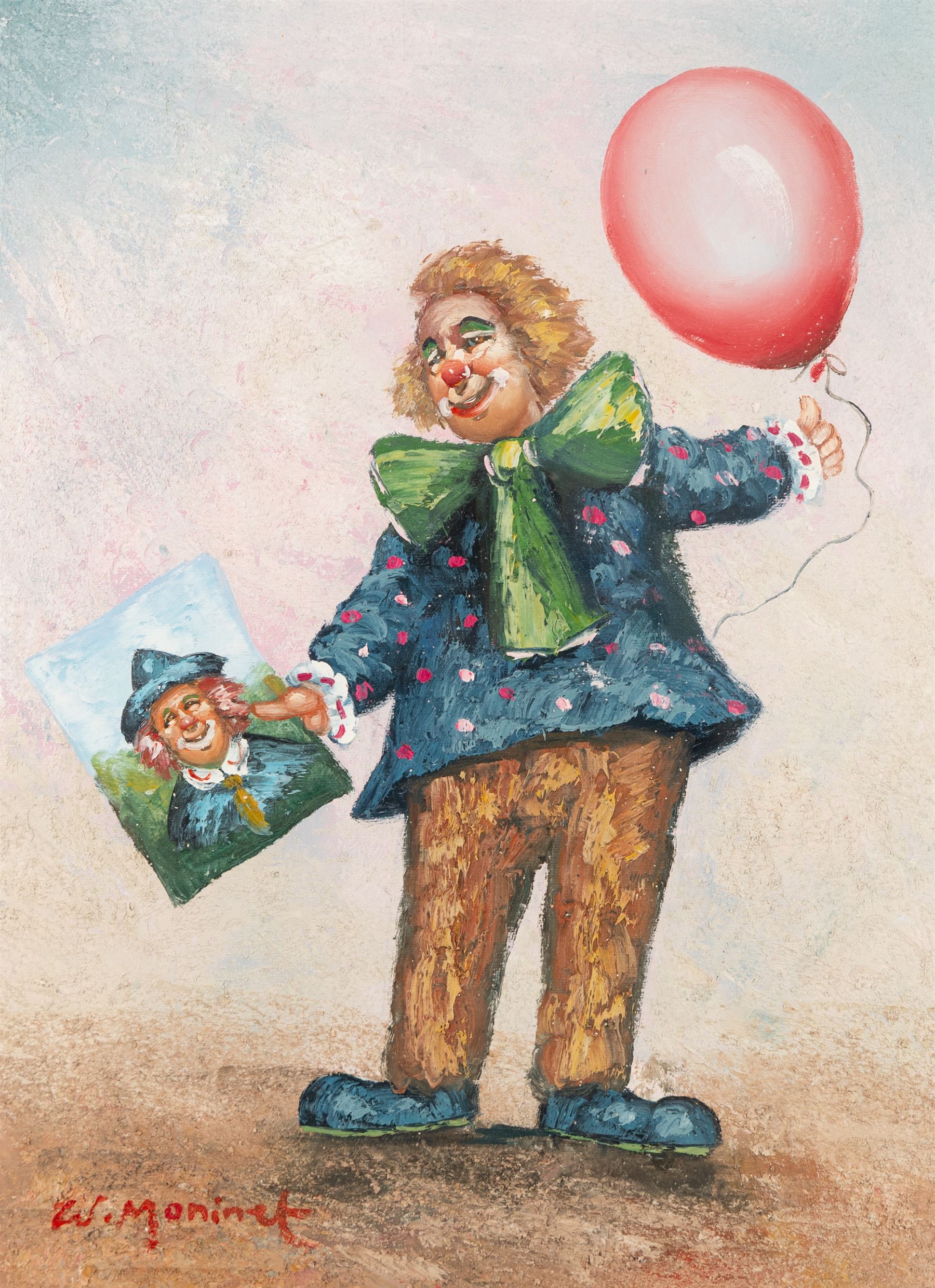 William Moninet (American 1937-1999): Circus Clowns and Clown with a Balloon, pair of oils on canvas board signed 39cm x 29cm (2)