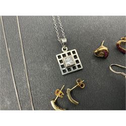 Four pairs of 9ct gold stone set earrings, 9ct gold five stone garnet ring, silver-gilt opal ring, silver jewellery including amber necklace and amethyst earrings etc
