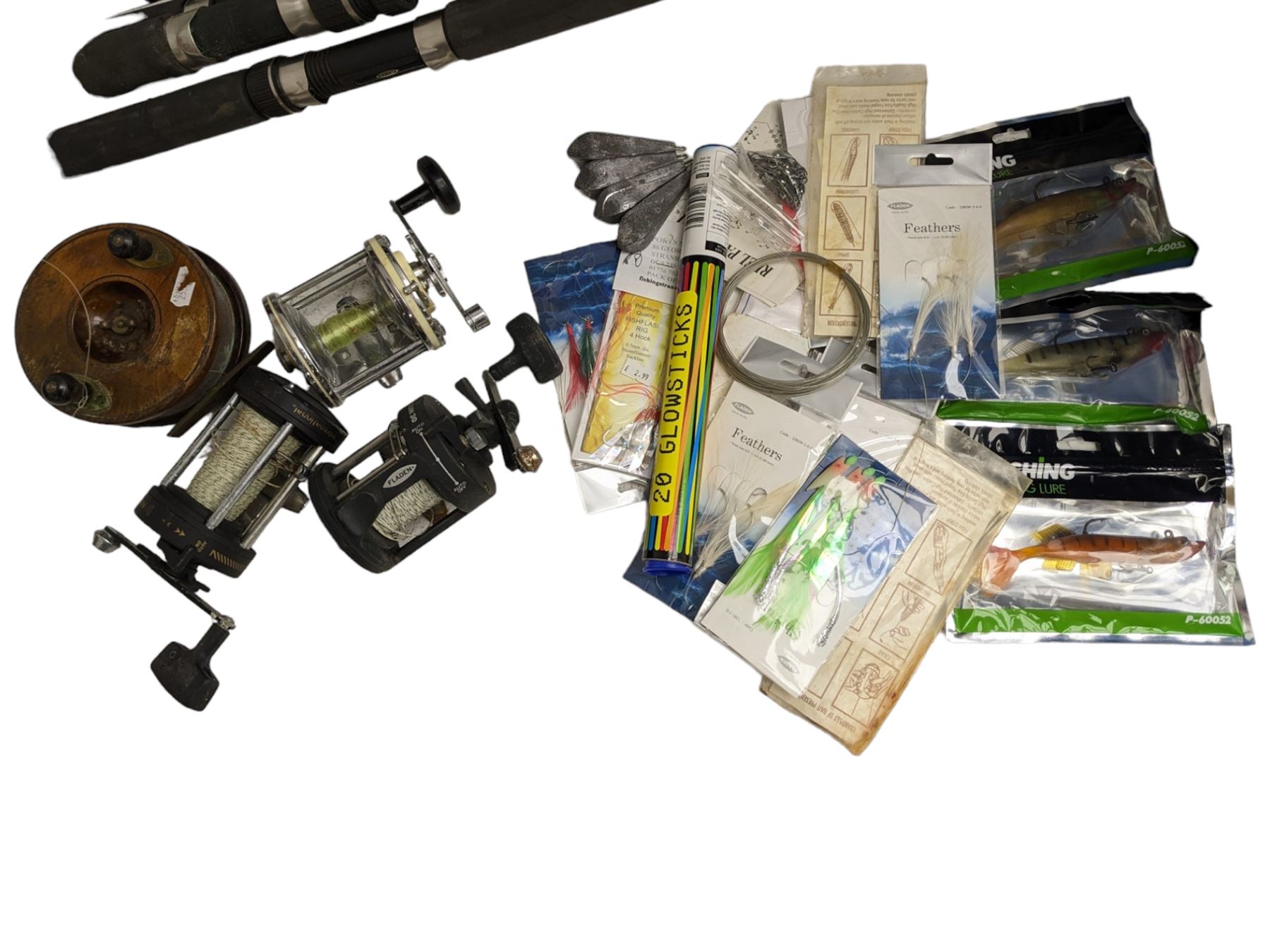 Fishing tackle including Fladen Chieftain 30 and other reels, lures, fishing line etc, housed in a Shakespeare box and five fishing rods