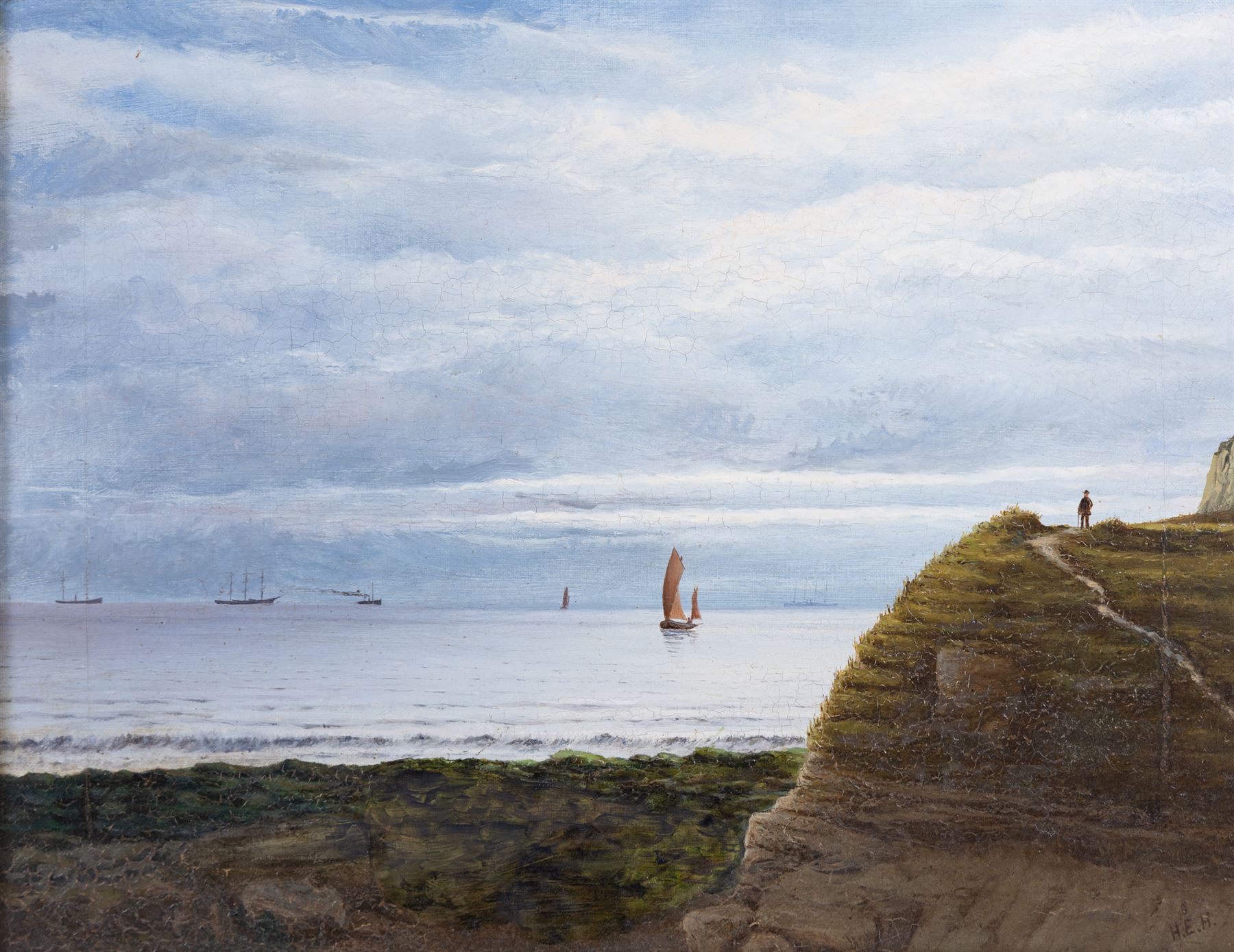 H E Hall (British 19th Century): 'Cow Gap - Beachy Head Eastbourne', oil on canvas signed with initials, titled verso 34cm x 45cm 