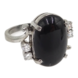  14ct white gold (tested) black star diopside and four round brilliant cut diamond ring MAO0303  