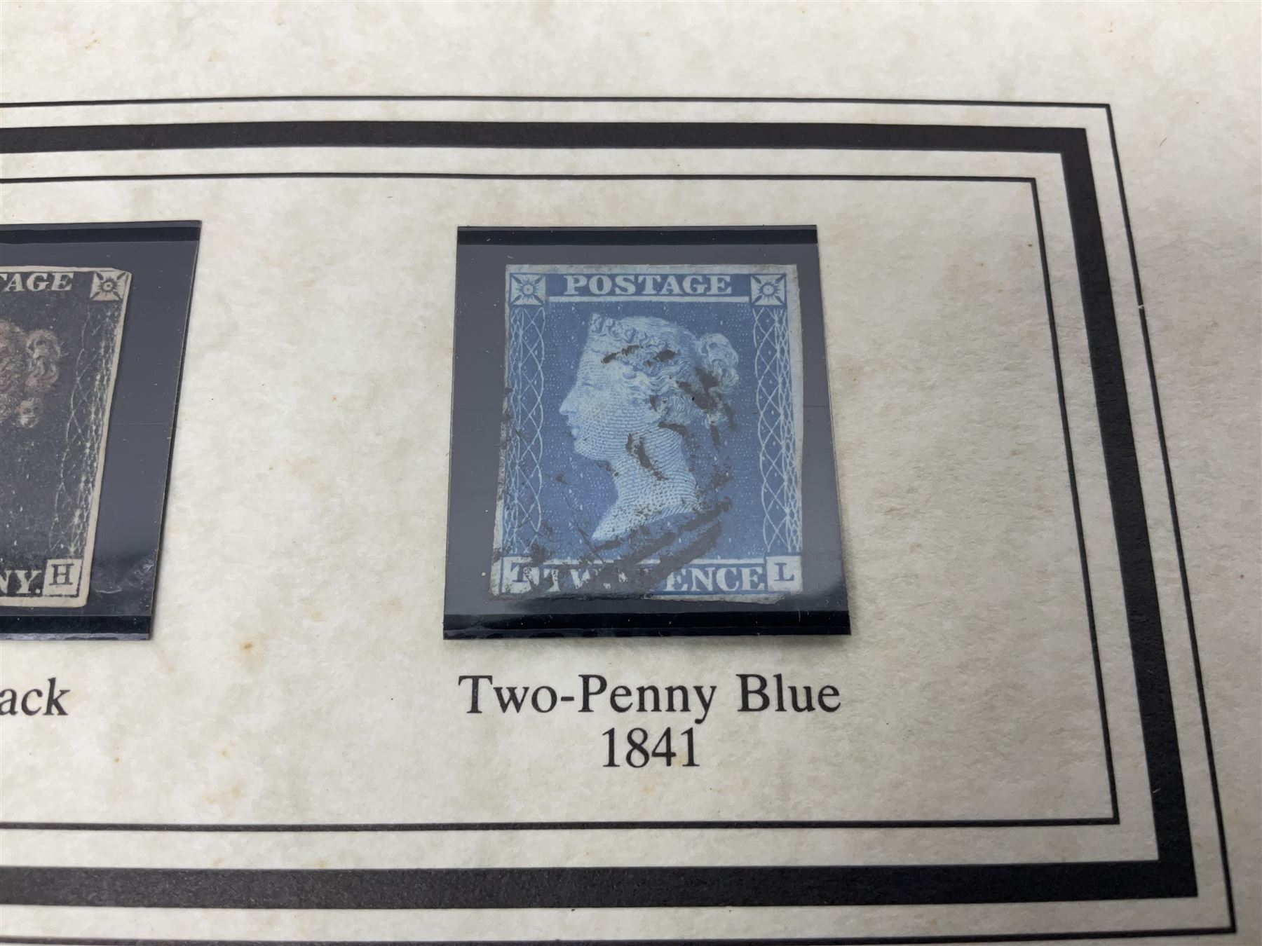 Queen Victoria 1840 penny black stamp, red MX cancel and 1841 two penny blue white lines added, with Westminster information sheet