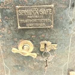 Victorian cast iron safe, single door enclosing drawer, ''The Sphinx Safe, Birmingham' with key, W38cm, H51cm, D41cm
