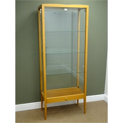  Beech display cabinet with two doors, three glass shelves, square tapering supports, W70cm, H176cm, D35cm   