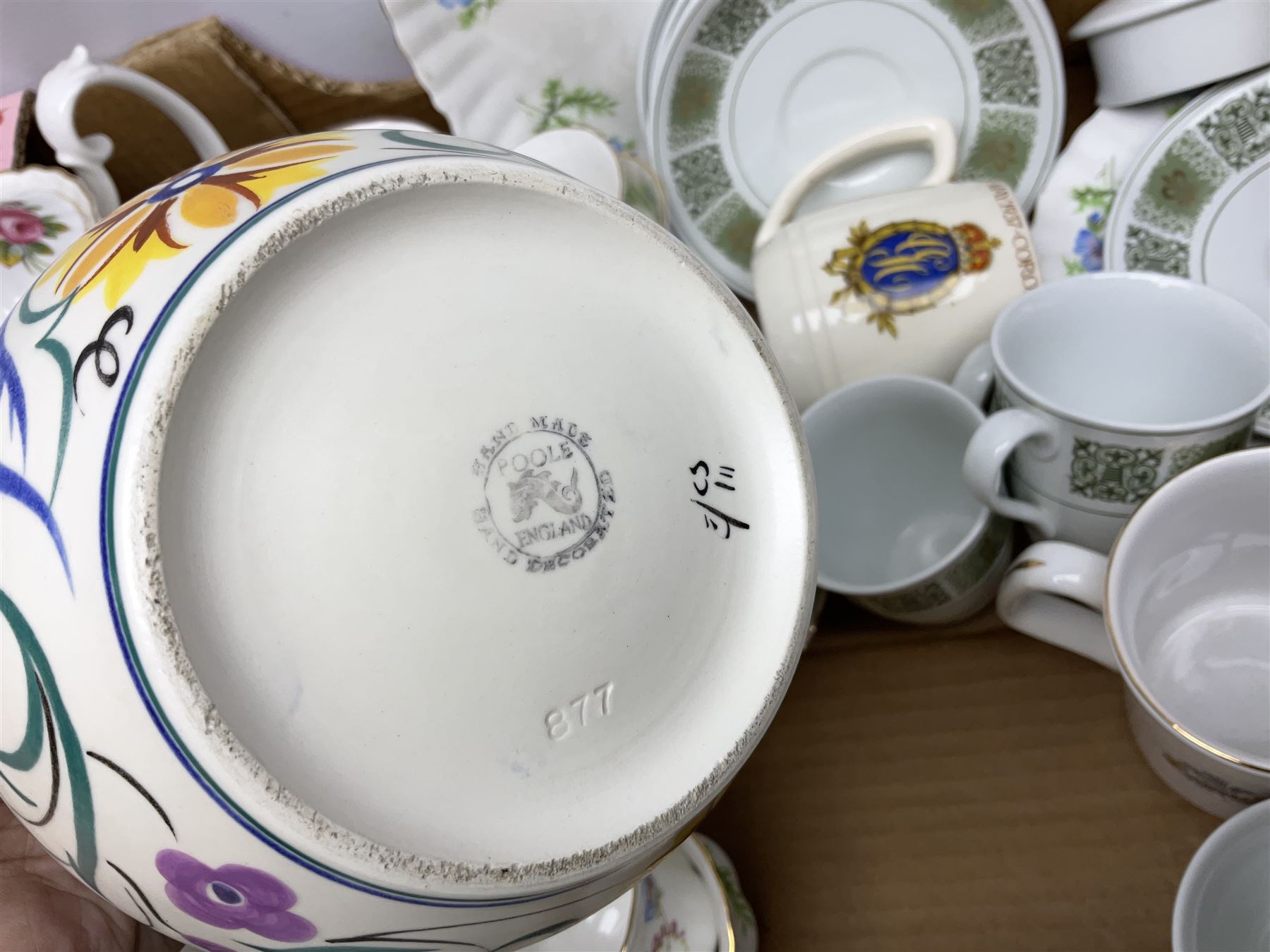 Poole vase decorated with flowers, no 877, Copeland Spode Dauphine pattern coffee service for six, and floral Richmond teawares