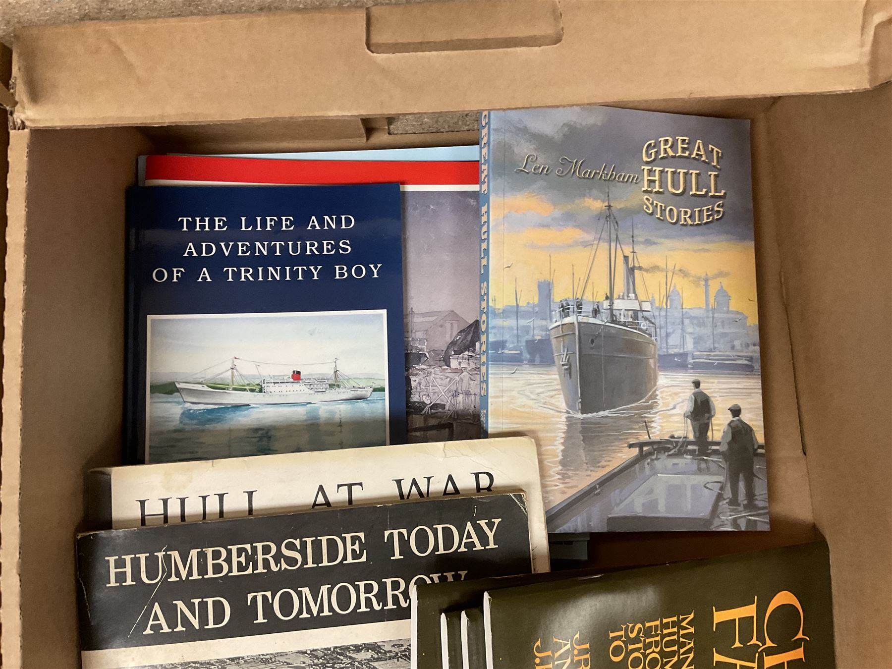 Books - Thirty seven copies of Mutual Air in the Victorian Countryside 1830-1914 by David Neave, four copies of Voices of Hull Real-Life Stories from the Hull City Play edited by Trevelyan Wright, four copies of The Journal of Surgeon Cass Aboard the Whaler 'Brunswick' of Hull, 1824 edited by A G Credland, four copies of This Righteous War by B S Barnes, four copies of Flying Sail Humber Keels and Sloops by Michael E Ulyatt, four copies of Old Beverley by Philip Brown, etc., in two boxes 