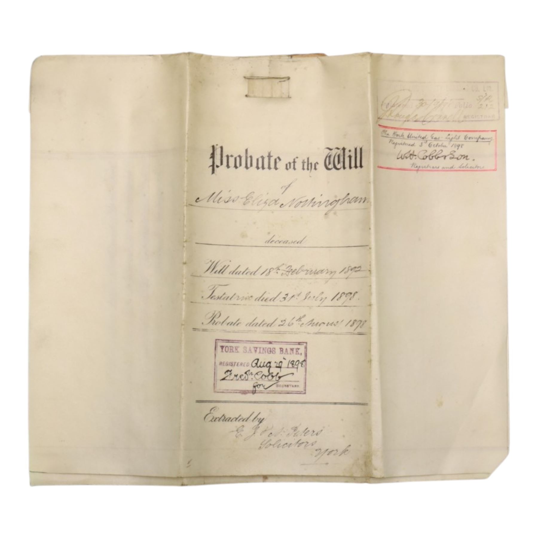 York interest - collection of 18th and 19th century vellum indentures, wills, probate documents and related papers concerning central York properties, streets and residents, including Micklegate, The Shambles, Bootham, Fishergate, Walmgate, Monkgate and Goodramgate, with probate of John Ealand, formerly of The Shambles, York, butcher, later of Swan Street, Nunnery Lane, probate of Roger Iddison of No.8 Portland Street, York, auctioneer, probate of Eliza Nottingham of Bootham Asylum, formerly of St Paul’s Square, together with documents relating to butchers, farmers, tradespeople and York families, many retaining original seals and stamps, in one box