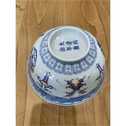 19th century Chinese  Doucai porcelain bowl decorated in blue, orange etc, the interior with a double scroll panel, six character Tongshi reign mark D15cm