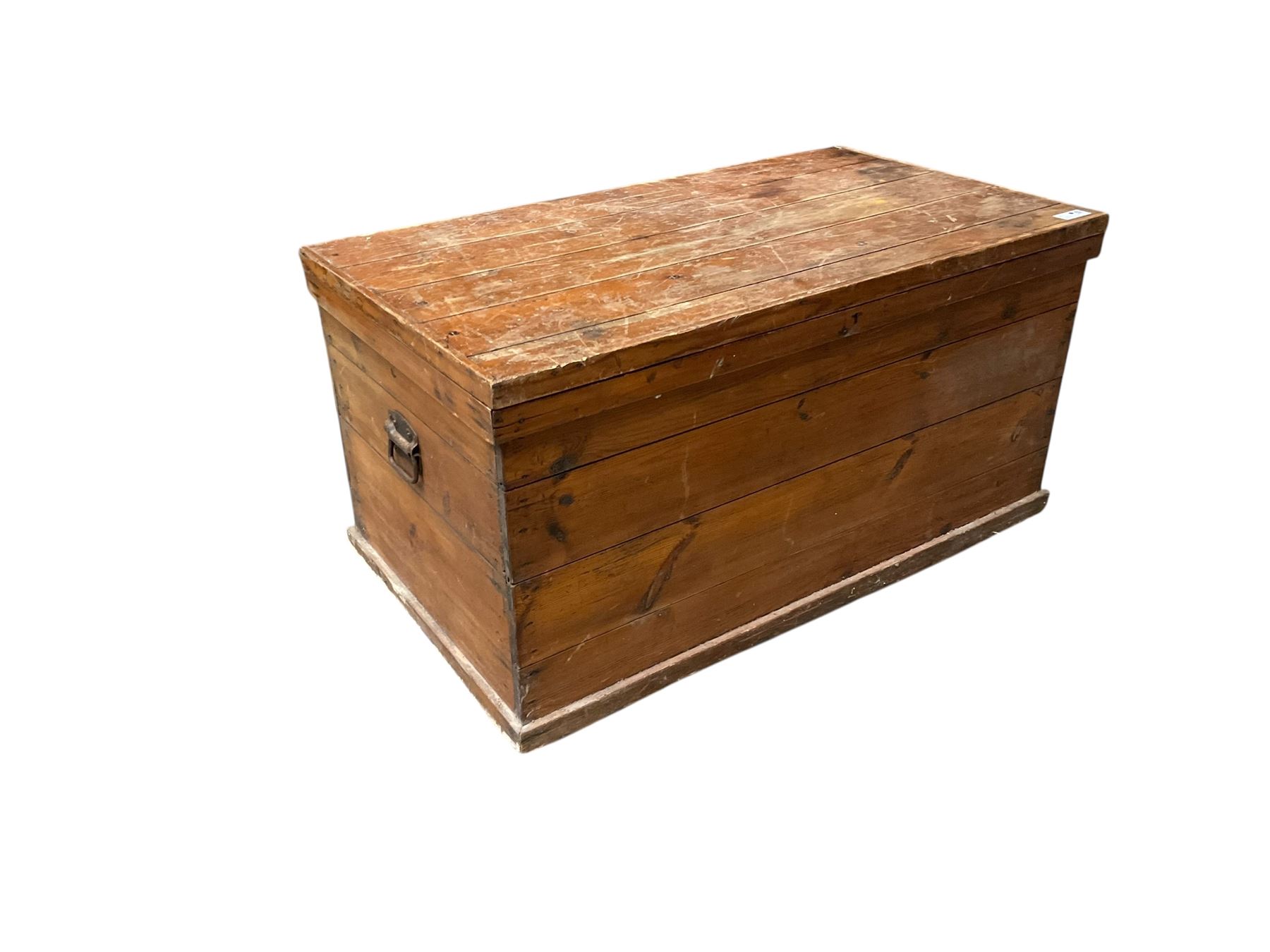 Victorian pine blanket box, hinged top, iron carrying handles