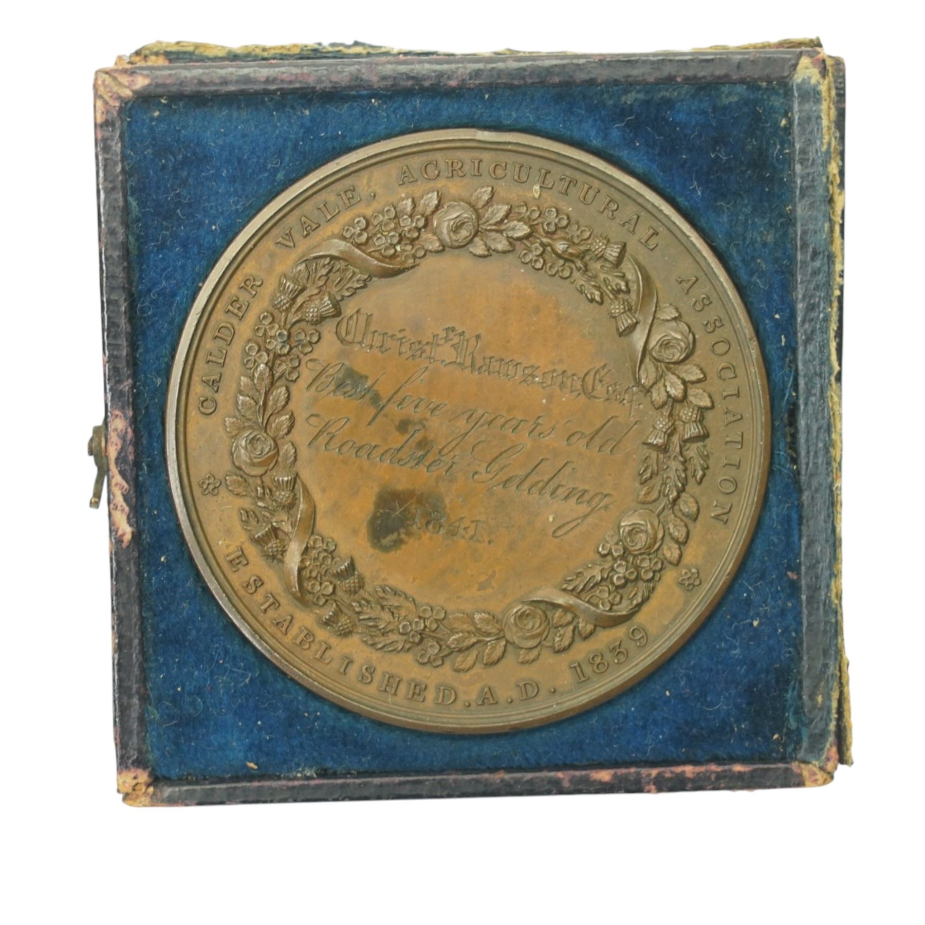 James II gun money shilling, May 1690, George VI threepences hammered coins, Victorian 1837-1897 bronze medallion, Calder Vale Agricultural Society bronze medallion awarded to Christopher Rawson for Best Five Years Old Roadster Gelding 1841 and other items 