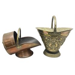 Victorian Benham & Froud Arts and Crafts brass coal scuttle, with Victorian diamond registration mark, together with a copper and brass scuttle of helmet form, tallest H50cm