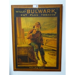  Rectangular pine framed 'Andrews Liver Salt' mirror (W36cm, H51cm0 and a 'Willss' Bulwark cut plug tobacco' advertisement board (W38cm, H52cm)  