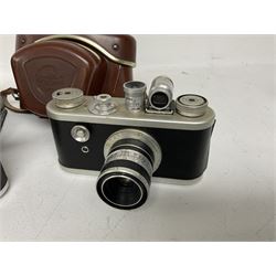 Corfield Periflex I 35mm periscope camera body,  with 'Corfield Lumar-X 1:3,5/50' lens, and Corfield Interplan-B camera body, serial no. 9111482 in original box, and with ready case