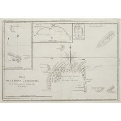Rigobert Bonne (French 1727-1795): 'Isles de la Reine Charlotte', 18th century engraved map of the Queen Charlotte Islands (Haida Gwaii), engraved by Jean André c.1787, 29cm x 41cm; together with William Alexander (British 1567-1640): 'New Englande New Scotlande', later impression of the 1625 engraved map of New England and Nova Scotia, the first printed map to name Cape Cod, and John Mason (British c.1586-1635): 'Newfound Land', later impression of the 17th century engraved map of Newfoundland, Canada 52cm x 40cm (3) (framed as two)