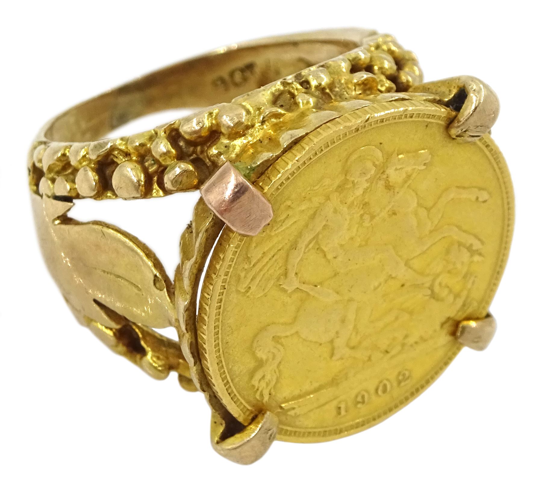 King Edward VII 1902 gold half sovereign coin, loose mounted in 9ct gold ring, hallmarked