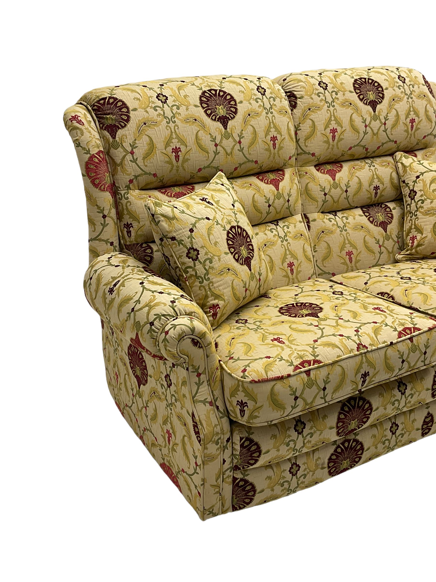 Vale Bridgecraft - Langfield two seat sofa, upholstered in Agra Cranberry fabric, mahogany feet, with David Gundry scatter cushions