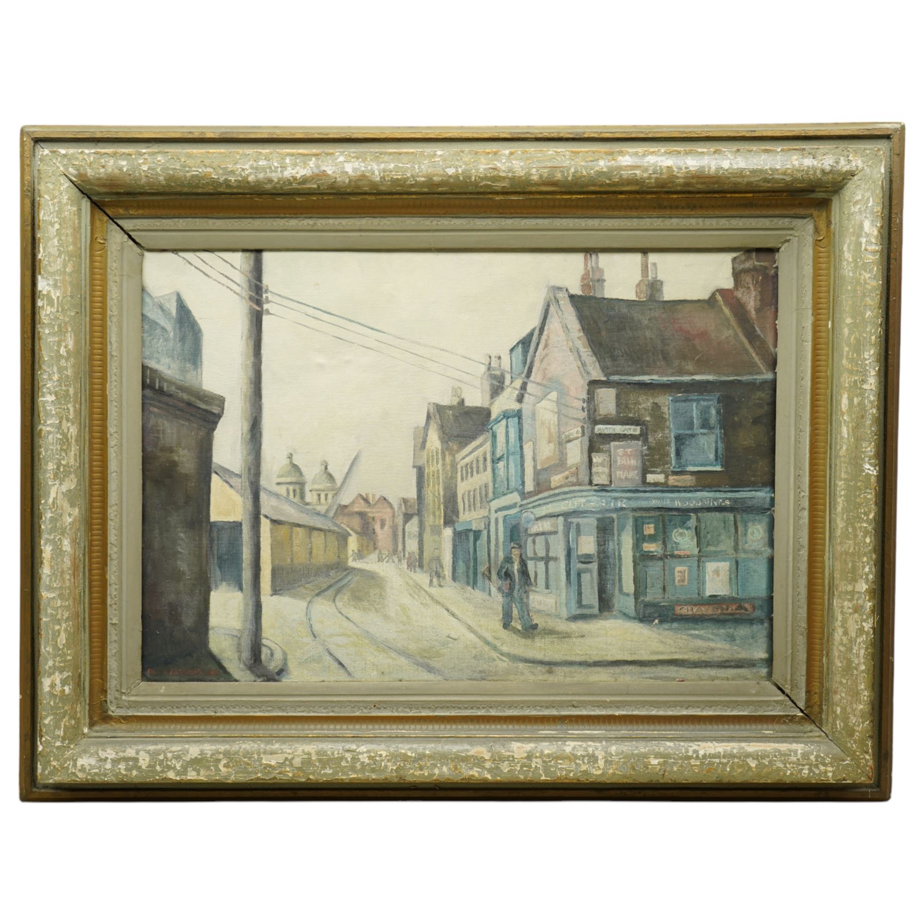 Paul S Robinson (British Mid-20th century): Figures on a Street in Hull, oil on canvas signed and dated 1953, 46cm x 66cm