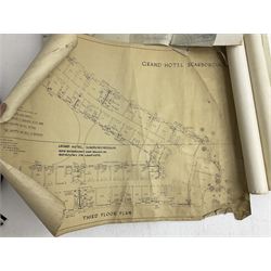 Collection of architectural plans and drawings related to The Grand Hotel, Scarborough, predominantly by Spiers and Pond Surveyors, London, dating from the 1920s to 1950s, to include Third Floor Plan New Bathrooms and Basins in Bedrooms on Landside 1929, Fourth Floor Plan by Alderson & Allen Chartered Architects 1952, 1940s amendments etc