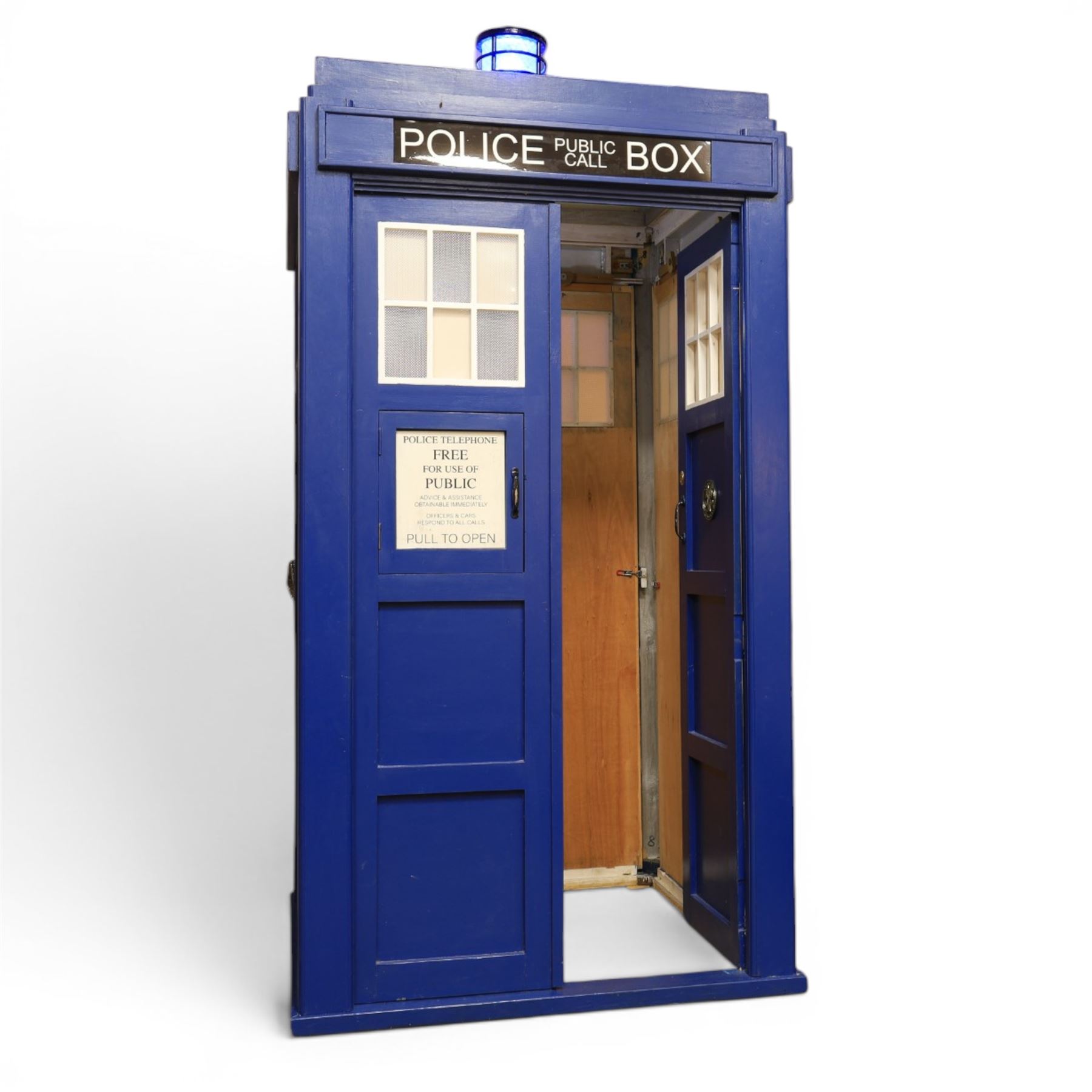 Doctor Who - full scale scratch built replica TARDIS, with functioning lantern and ringing telephone, the telephone door autographed by several Doctor Who cast members including Sylvester McCoy, Frazer Hines, Wendy Padbury, Janet Fielding and Caroline John
