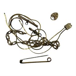 9ct gold jewellery, including bracelet, necklace, bar brooch, padlock, t-bar and clip, together with a 12ct gold stone set ring