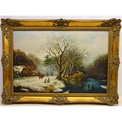  Winter Rural Scene, with Figures on the Frozen Lake, 20th century oil on canvas indistinctly signed 49cm x 74cm  
