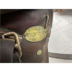 Collection of nine saddles, mainly havana leather to include a racing saddle and a Goodwin saddle, some with stirrups and leathers 