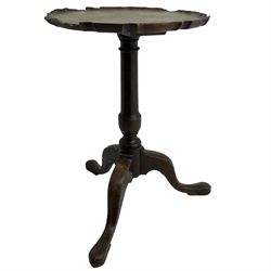 George III mahogany tripod table, circular moulded pie-crust top on turned pedestal, three splayed supports with angular spade feet