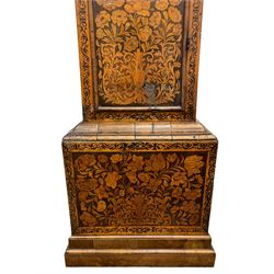 William & Mary floral marquetry 8-day longcase clock c 1700, later mid-18th century four pillar rack striking movement with a square brass dial and subsidiary seconds dial, ringed winding holes and calendar aperture to the matted dial centre, with London cherub head cast spandrels and (later) fretted steel hands, silvered Roman numeral chapter ring with stylised fleur di Lis half hour makers, narrow Arabic five-minutes, minute track and inner quarter hour track, signed Thomas Horlock, Hammersmith, 
case with box upstand to the domed floral marquetry decorated caddy with three brass flame finials, above a moulded cornice and fretwork frieze,  inlaid hood door with attached barley twist pillars to the front above an inlaid convex moulding, full length D moulded trunk door with a circular lenticle inlaid with floral and foliage panels inhabited with birds, on a conforming marquetry plinth with applied double skirting. Thomas Horlock is recorded as a Whitesmith & Clockmaker of Hammersmith, Middlesex.
A copy of Thomas Horlock's will dated the 15th June 1757 is held at The National  Archives Kew.