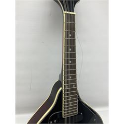 Stagg Model M50 E eight-string electro-acoustic mandolin; bears makers label L69cm; in cardboard delivery box with lead