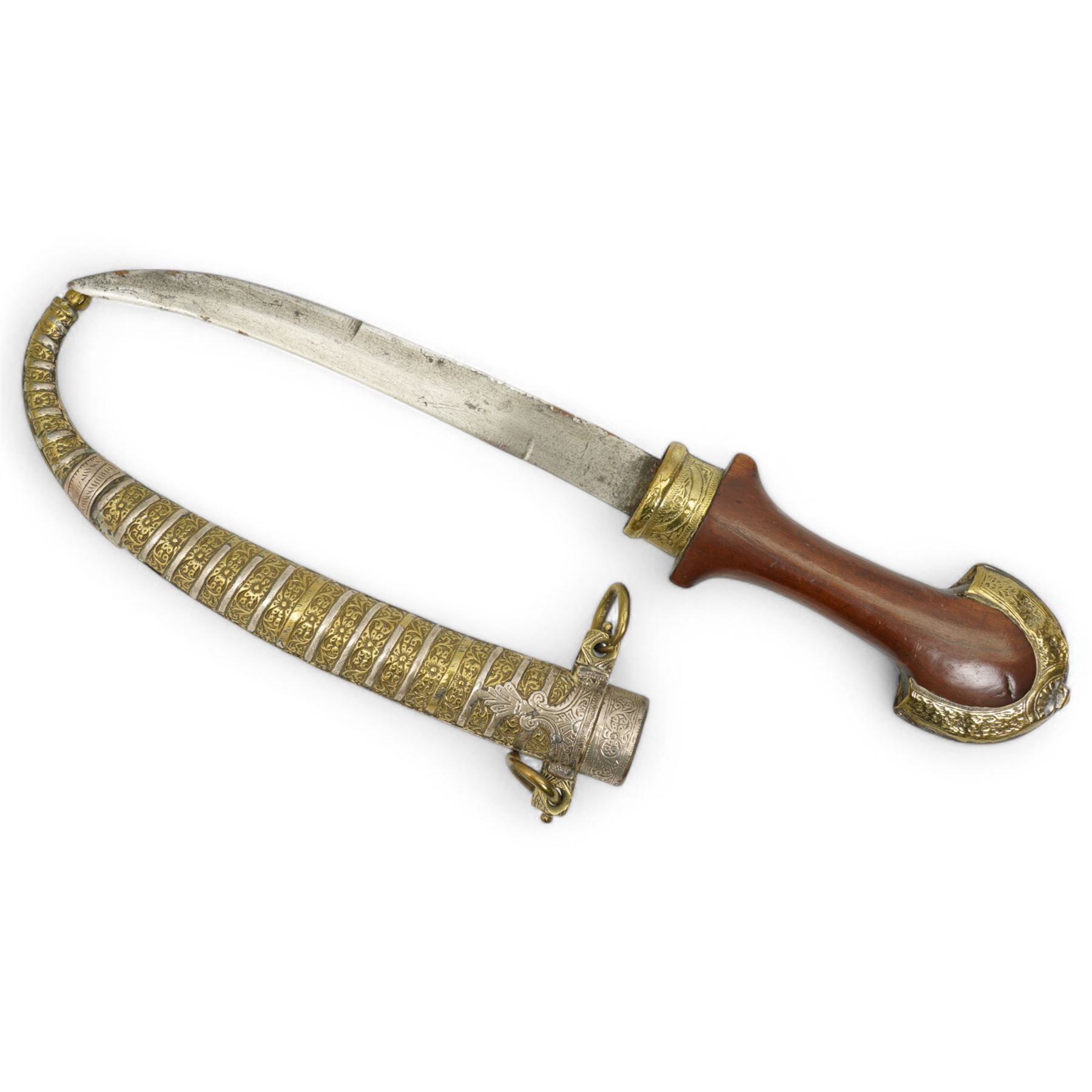 Moroccan jambiya, the metal scabbard decorated in gilt and silver and with hardwood grip L41cm overall