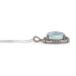 Silver carved aquamarine and diamond pendant necklace, stamped 925, aquamarine approx 12.45 carat, total diamond weight approx 1.05 carat