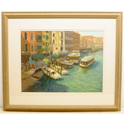 David Allen (British 1945-): 'Grand Canal from the Rialto Bridge', pastel signed, titled and dated 2000 verso on gallery label 44cm x 60cm 
Provenance: with Walker Galleries, Harrogate, labels verso