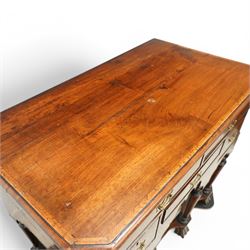 William and Mary design 18th century walnut and yew wood dresser or console table, rectangular canted top with feather banding and moulded edge, over two long and three short cock-beaded drawers, flanked by chamfered uprights above a shaped and cock-beaded apron, raised on six turned and tapering supports united by a shaped box stretcher, on lobed feet 