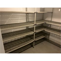 Metal four tier shelving racking x 3, plastic racking and shelving- LOT SUBJECT TO VAT ON THE HAMMER PRICE - To be collected by appointment from The Ambassador Hotel, 36-38 Esplanade, Scarborough YO11 2AY. ALL GOODS MUST BE REMOVED BY WEDNESDAY 15TH JUNE.