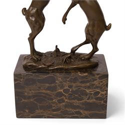 After Mario Nick - two hares boxing, bronze figure group, signed Nick and bearing foundry mark, upon rectangular plinth, H24cm