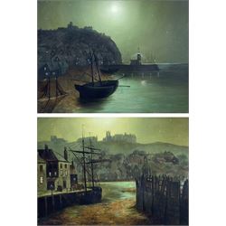 J Foster: Scarborough and Whitby Harbours by Moonlight, pair oils on board one signed and dated '78, 29cm x 39cm (2)