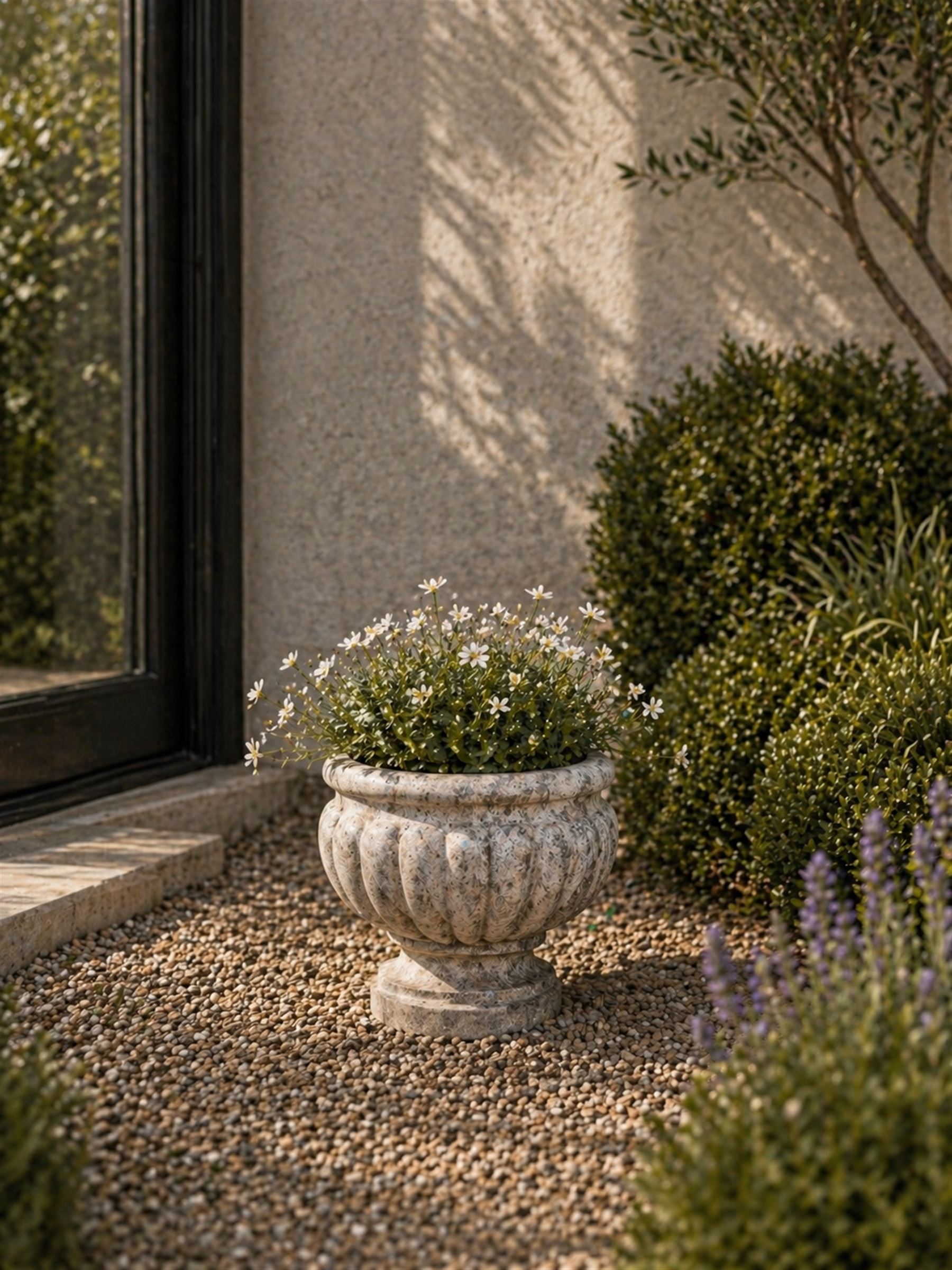 Small marble campana pedestal urn, fluted lobes raised on circular pedestal foot