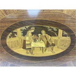 Late 19th/early 20th century mahogany and marquetry inlaid tray, of oval form with twin scrolled handles and moulded border, the central panel inlaid with figures seated at a table drinking tea, L99cm