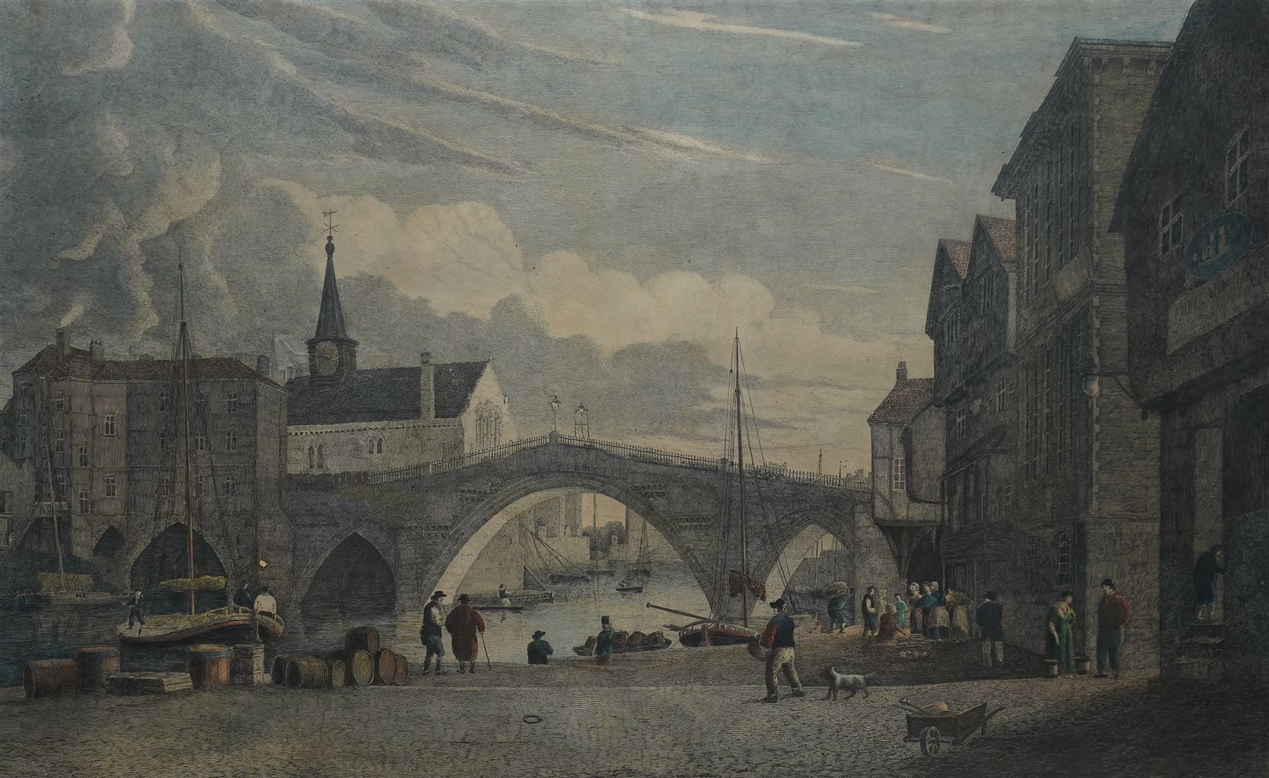 Henry Cave (British 1779-1836): 'Old Bridge and St William's Chapel York, from Sketches made previous to the demolition of the Chapel in Aug 1809', early 19th century etching with hand-colouring pub. 1820, 47cm x 65cm
