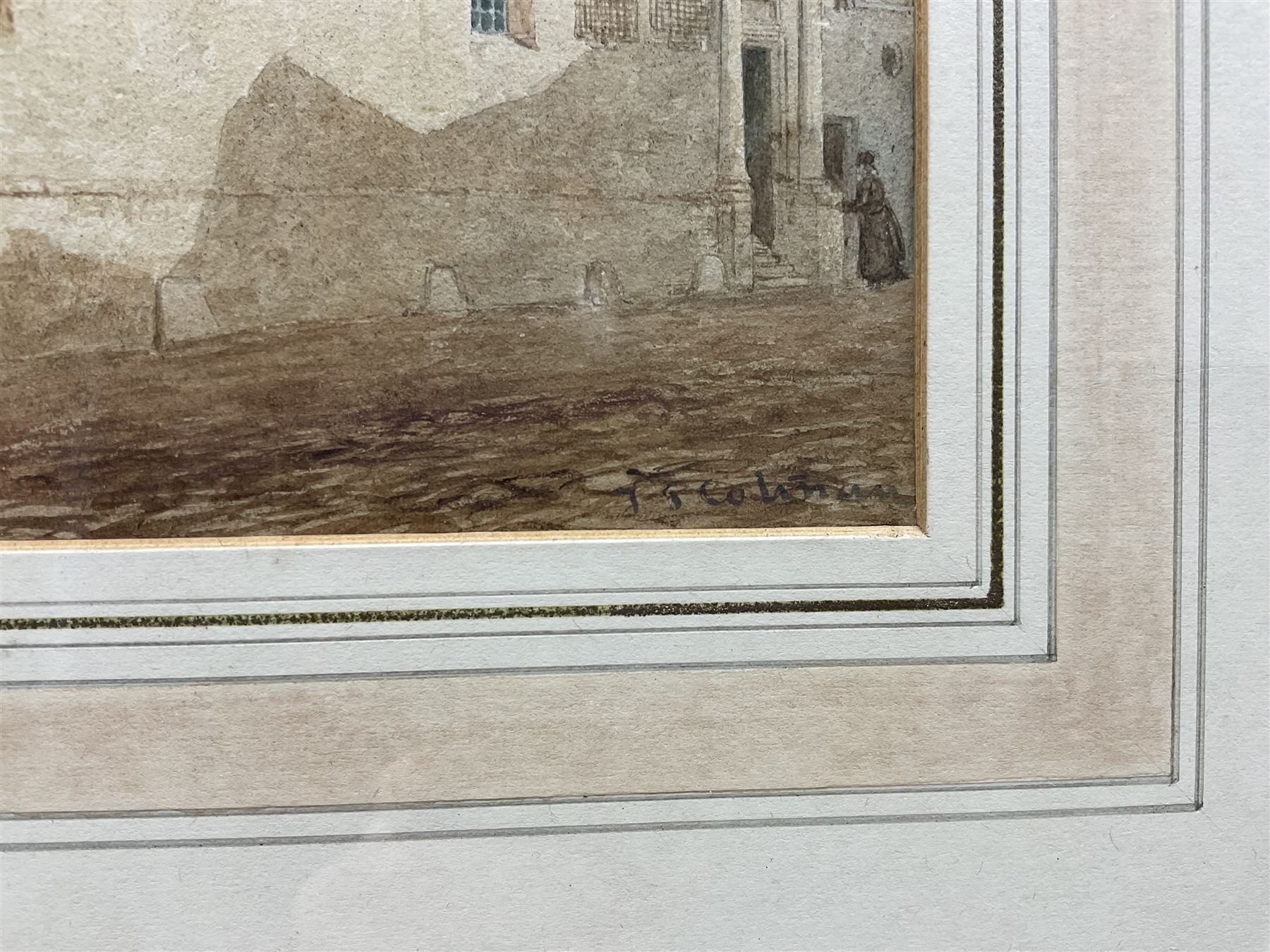 John Sell Cotman (British 1782-1842): Figures Gathered Outside a Church, watercolour signed 19.5cm x 16cm